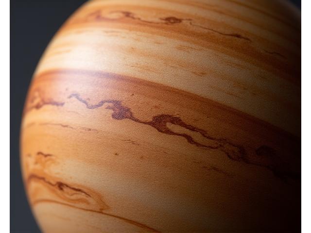 Nærstudie af Jupiter-model i træ med indgraverede skybånd